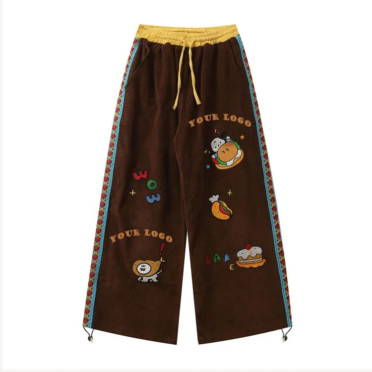 Custom Embroidery Patchwork Corduroy Straight Leg Mens Cotton Pants