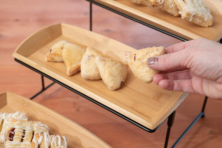 Natural Kitchen New Design Wooden 3 Tier Bamboo Serving Food Trays with Tiered Metal Stand