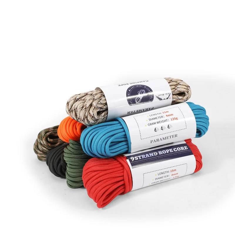 15M Nylon 9 Core Wind Rope Outdoor Survival Emergency Rope Camping Tent Canopy Rope 4mm Thickened Factory Direct Sales