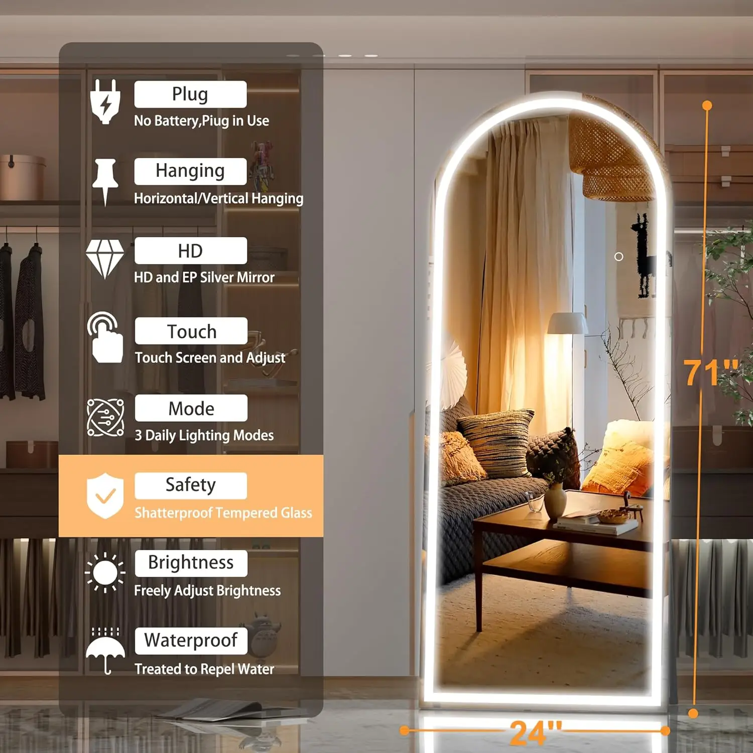 Customized Logo Eco-friendly floor mirrors acrylic Materials Makeup Hand adhesive mirror three color light bathroom mirror