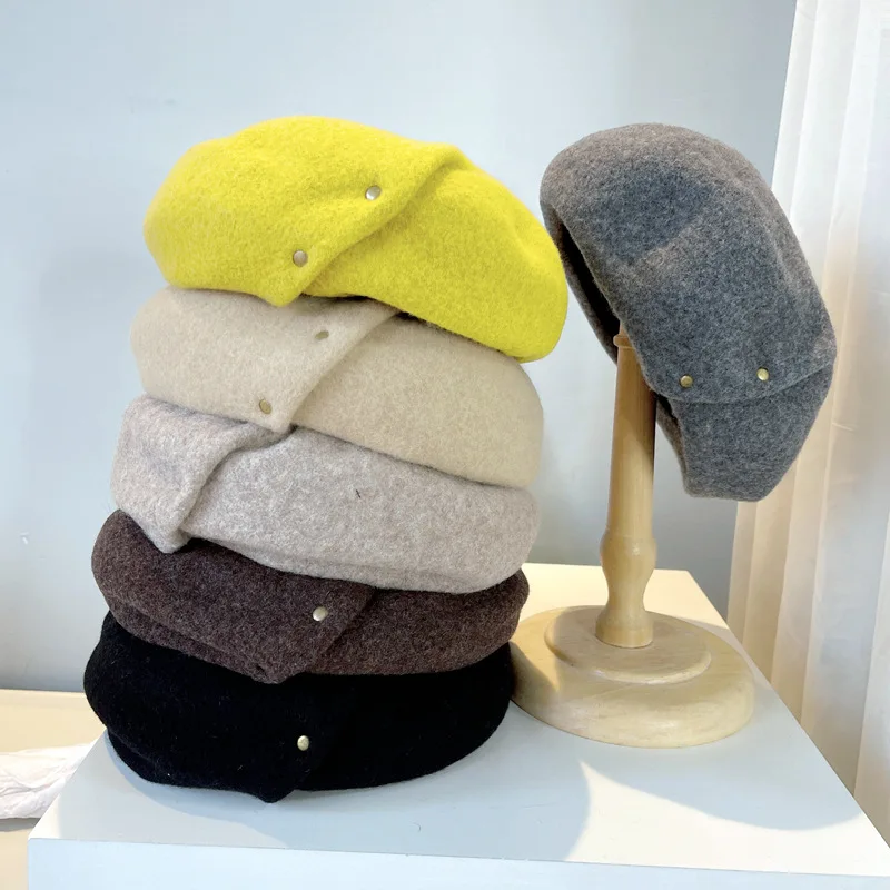 Hot Sale Japanese Autumn And Winter Australian Wool Beret Female Art Painter Hats Fashion Copper Clasp Rivet Air Hostess Hat