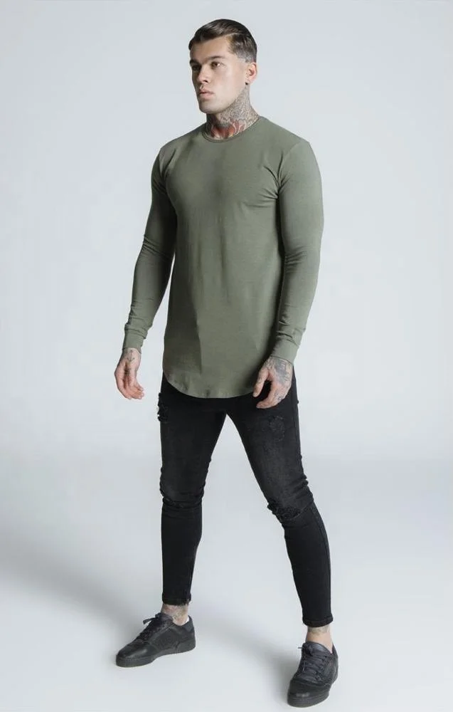 Long line curved hem T shirt in olive color ,95% cotton 5% elastin full sleeve with long length with curved bottom