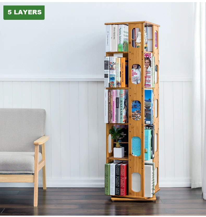 
Simple multi-layer revolving bookshelf household floor-to-ceiling solid wood primary school student combination bookcase 