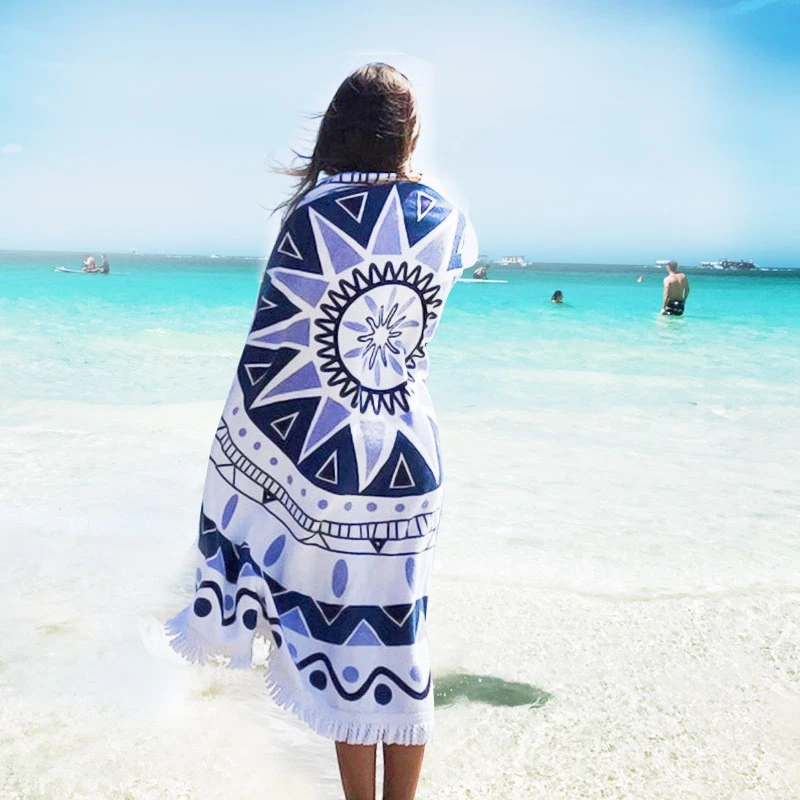Custom logo towel beach wholesale luxury 100% cotton woven tassels high quality round beach towels