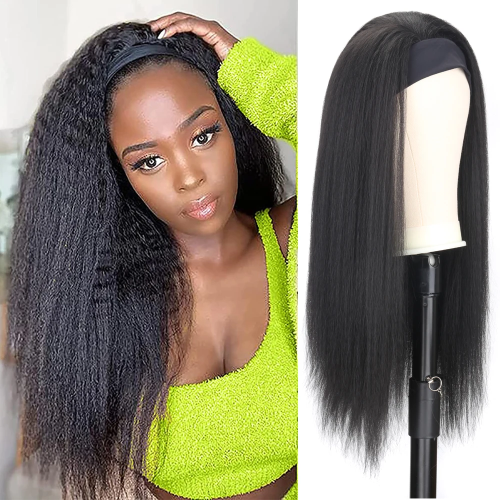 Long Kinky Straight Headband Synthetic Hair Wigs Cap For African American Women Natural Black/Red 26Inch Kanekalons Afro Wig