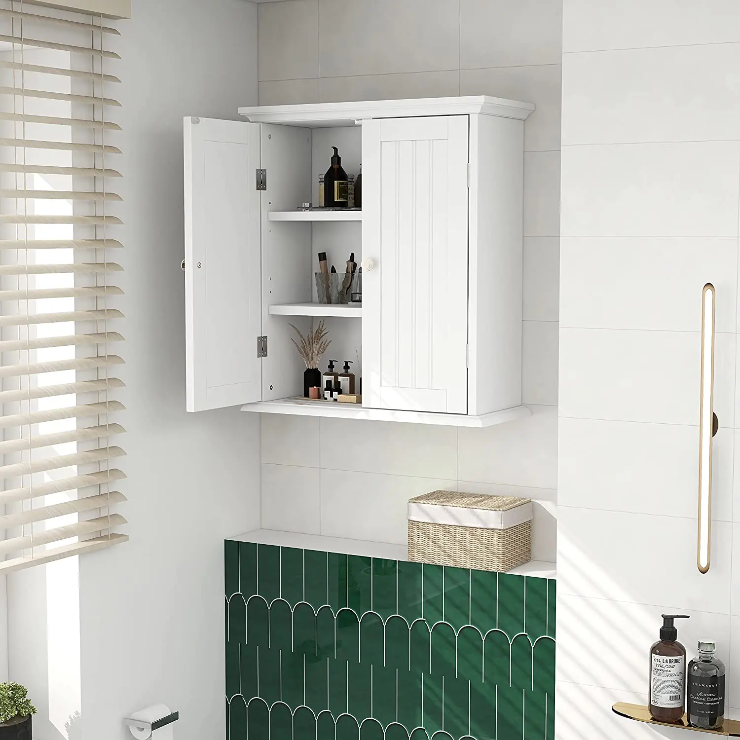 Wall Mounted Bathroom Cabinet Two Doors White Wall Cabinet Wooden Medicine Cabinet Storage