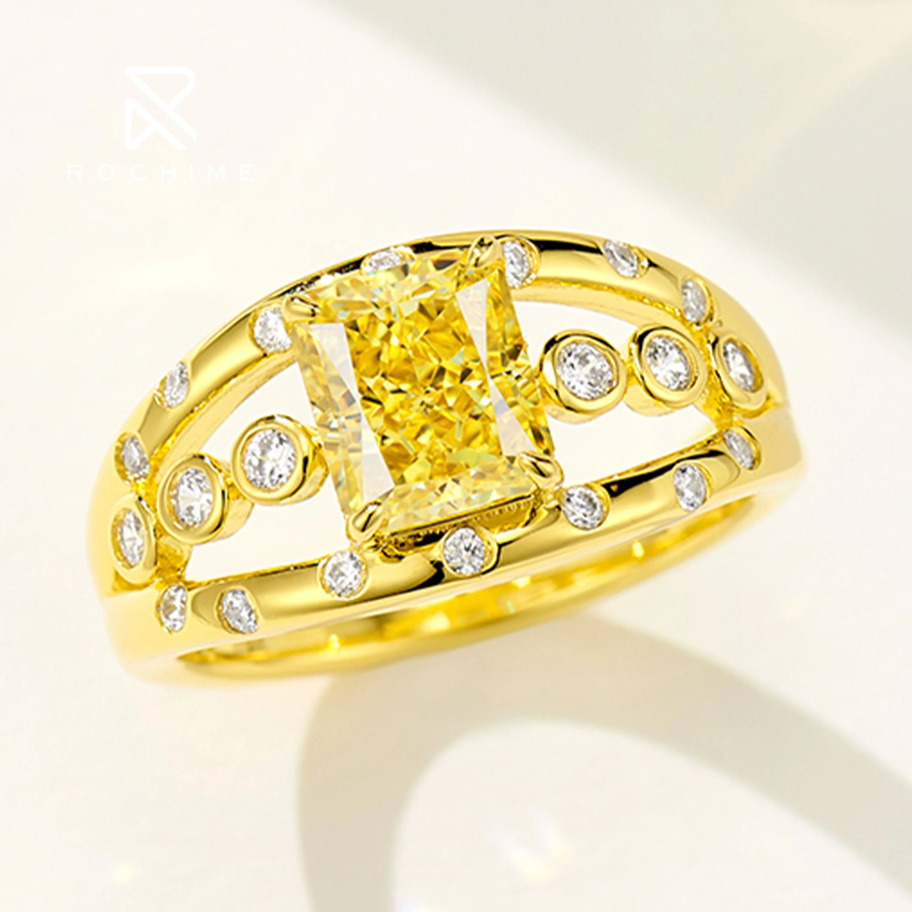 Rochime star shine yellow diamond ring 925 sterling silver gold plated cubic zirconia rings for women