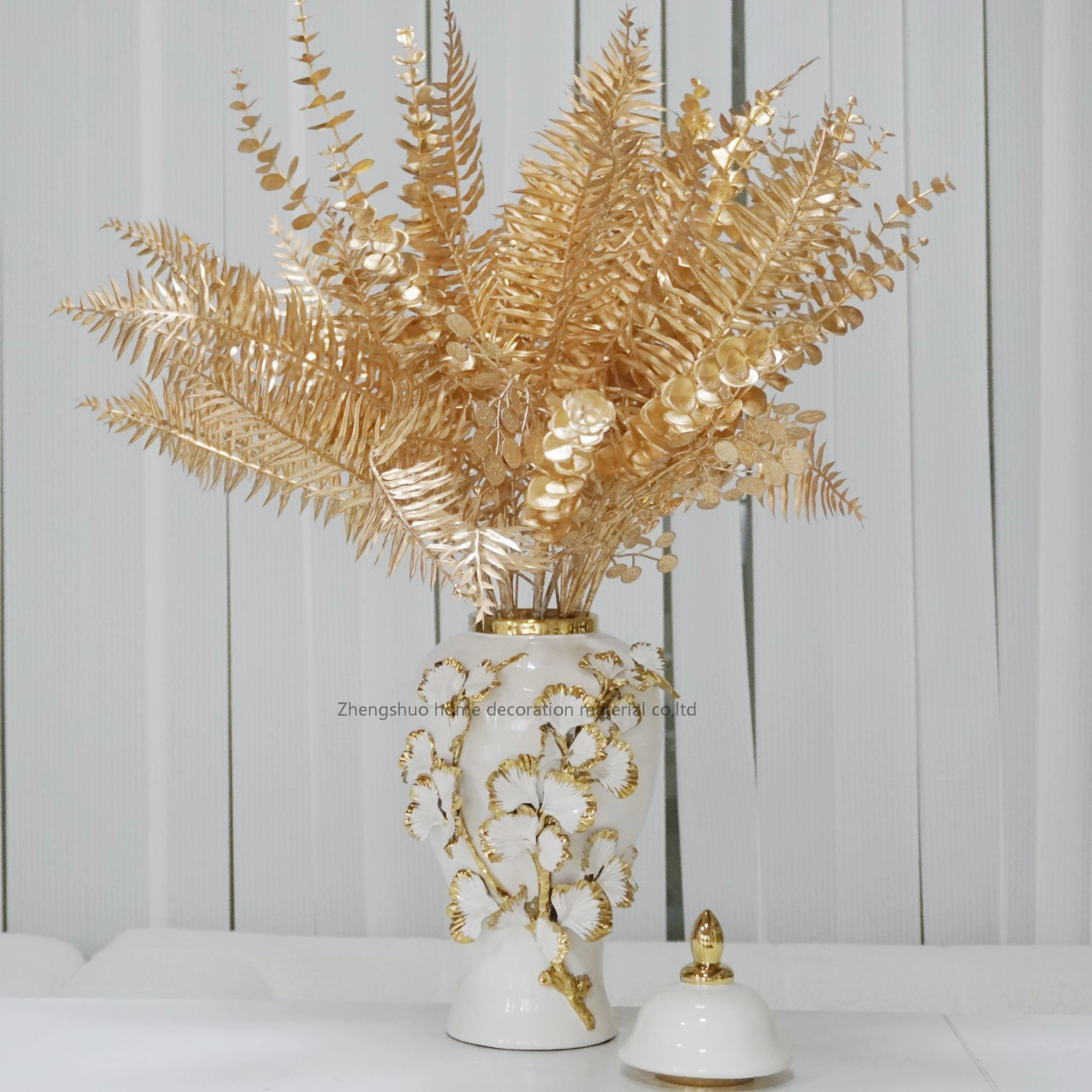 2024 luxury light style ceramic vase white ginger jar with gold leave flowers  for home decor table top floor home decor