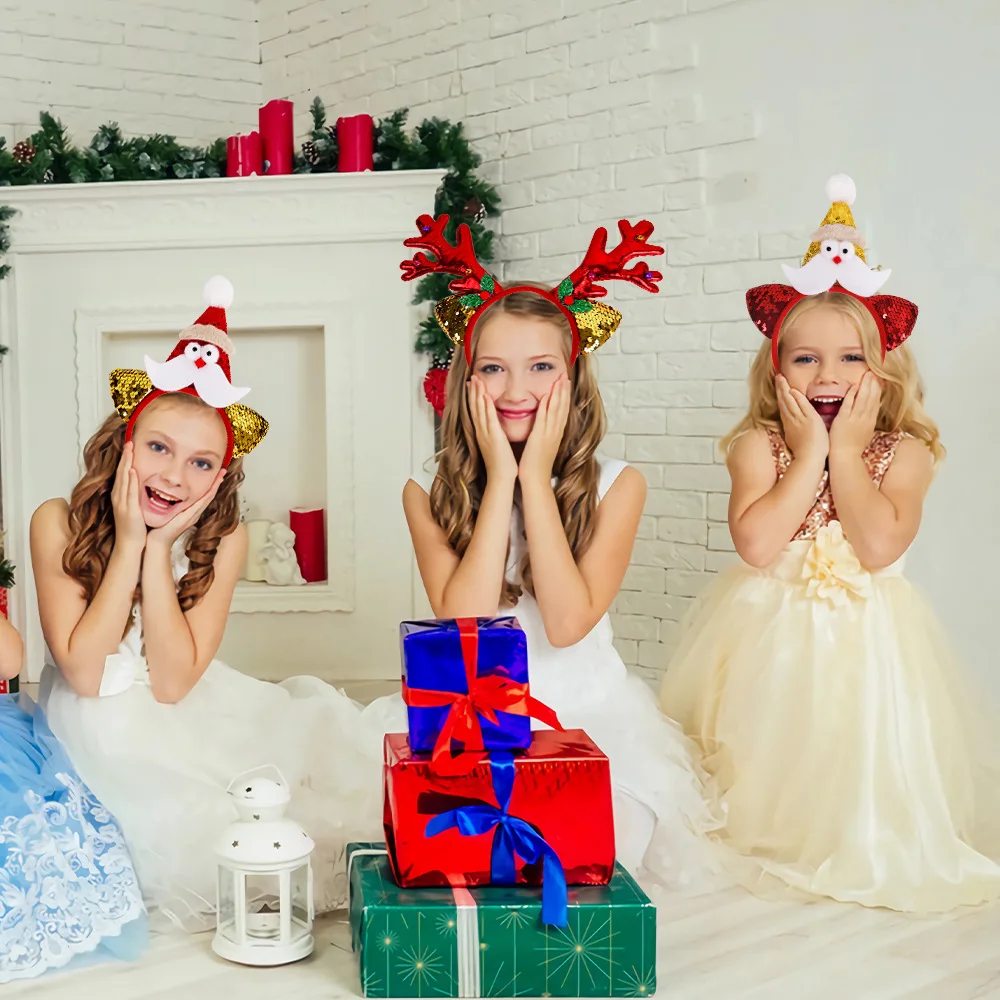 Christmas Headbands Women Girls Elk Antler Glitter Hair Bands Jingle Bells Tiara Headpiece Red Gold