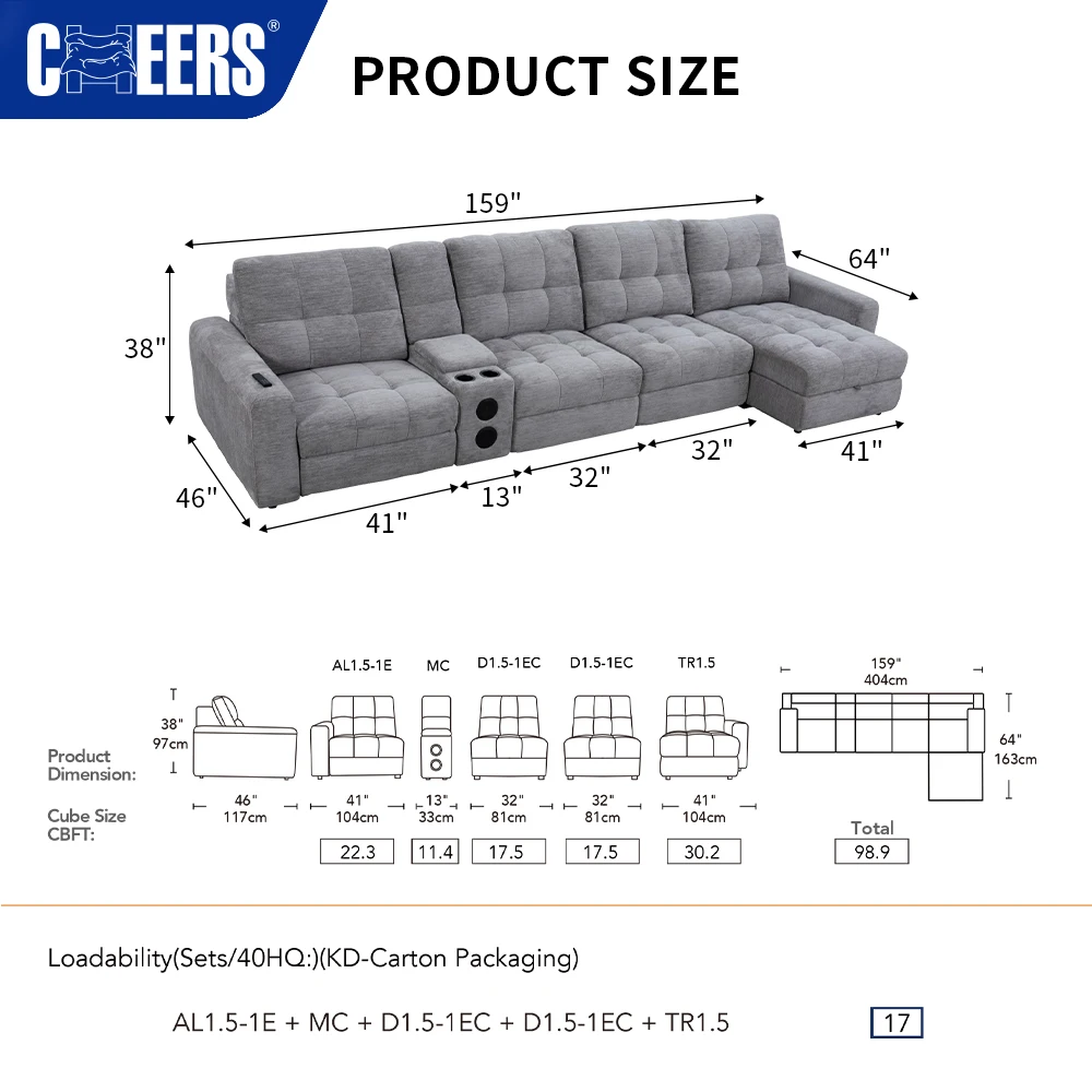 MANWAH CHEERS Modern Living Room Furniture 4 Seater Modular Sectional Set Sofa L Shaped Electric Sofa Bed With Storage