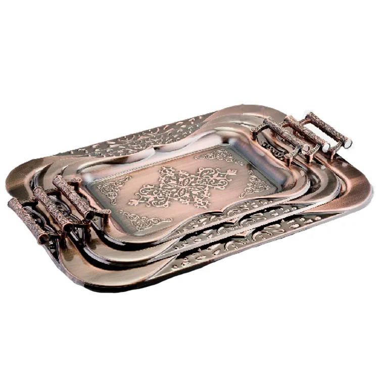 Wholesale Stainless Steel Gold Serving Tray Metal Fruit Tray For Restaurant Hotel Party Weeding With Double Handle