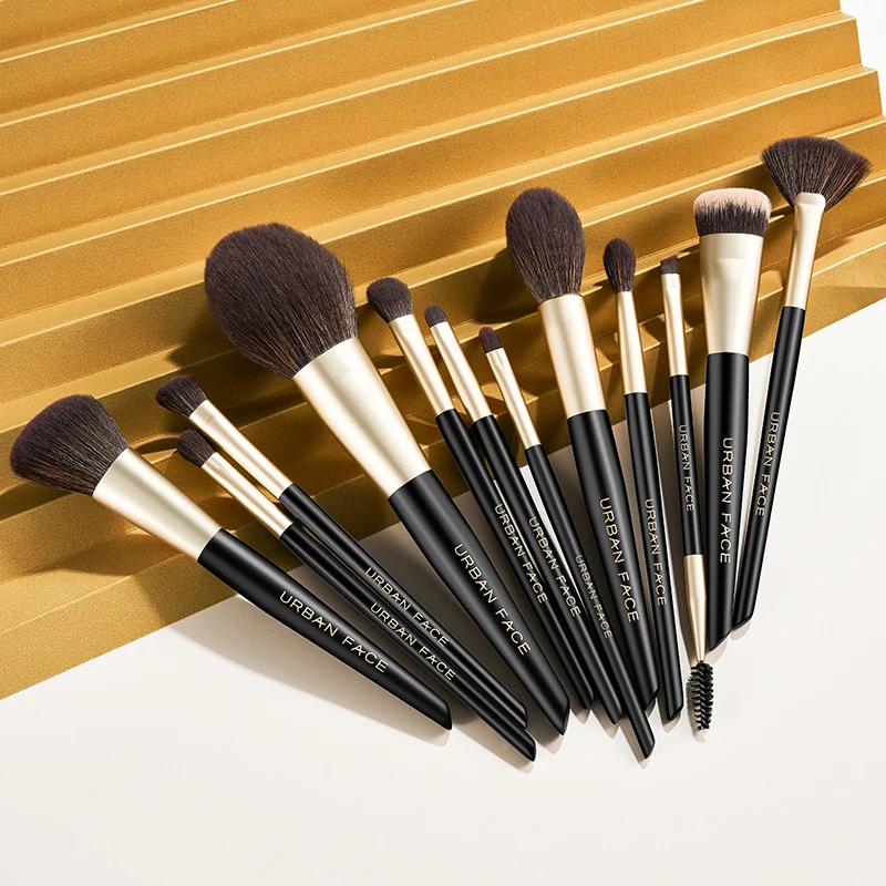 Wholesale Custom Logo 12pcs Makeup Brushes Black Gold Best Quality Professional Synthetic Hair Makeup Brush Set