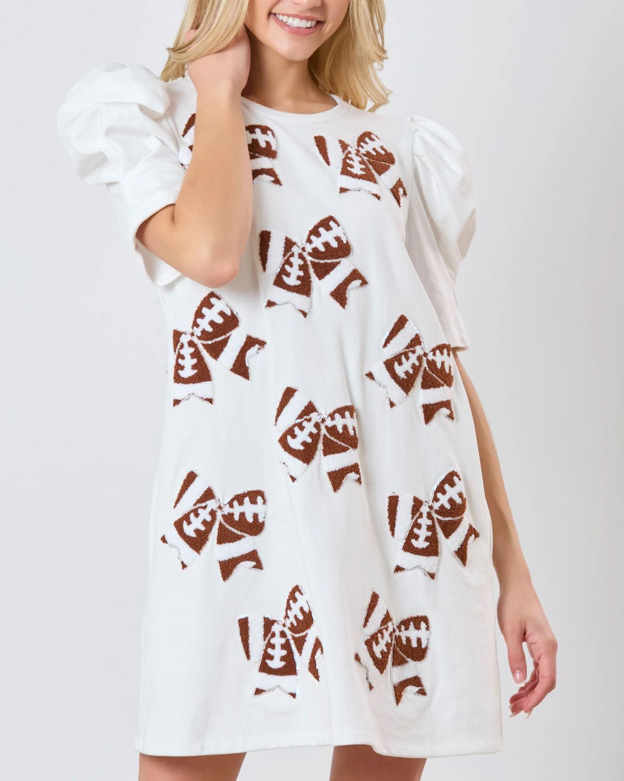 Loveda New Trend Gameday Dresses Crew Neck Puff Sleeve Game day Dress With Bow Tie American Football Sequins Patches