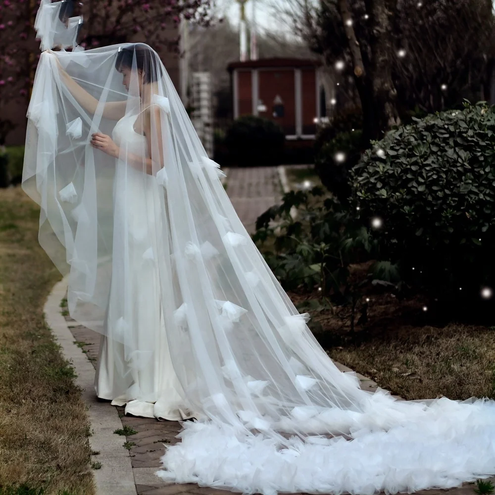 2023  Wedding Veil with Blusher Soft Tulle Veil 2 tier Cathedral Length Bride 5M Flowers Veil with comb Brida