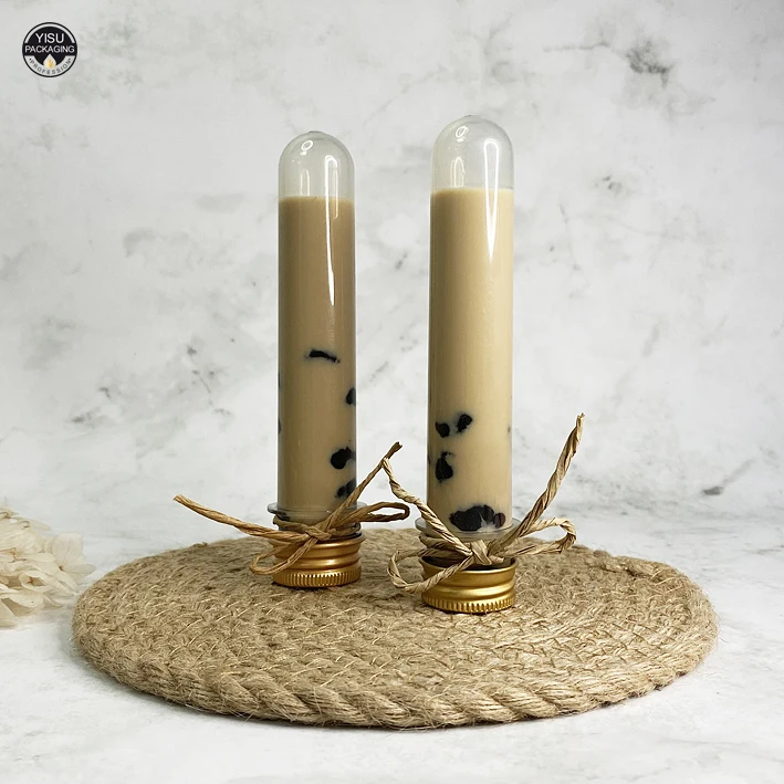Straight Round Boba Tea Bottle Milk Tea Tall Tube Shape Juice Bottle Custom lOGO with Aluminum Cap PET Bubble Bottle