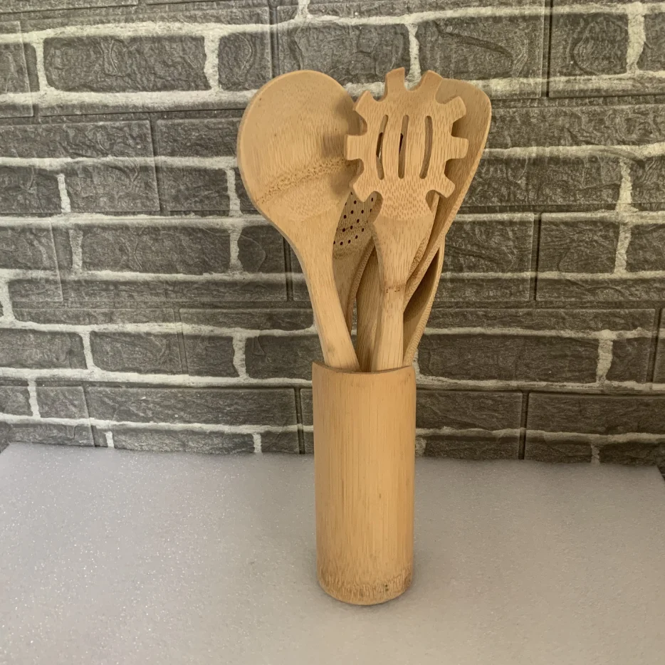 6 pcs big size bamboo kitchen spoons spatula utensils tools sets