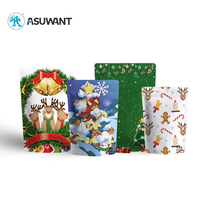 Custom Print Logo 1g 3.5g 7g Tobacco Bag Christmas Candy Edible Packaging Biodegradable Cartoon Cute Foil Lined Shape Mylar Bag