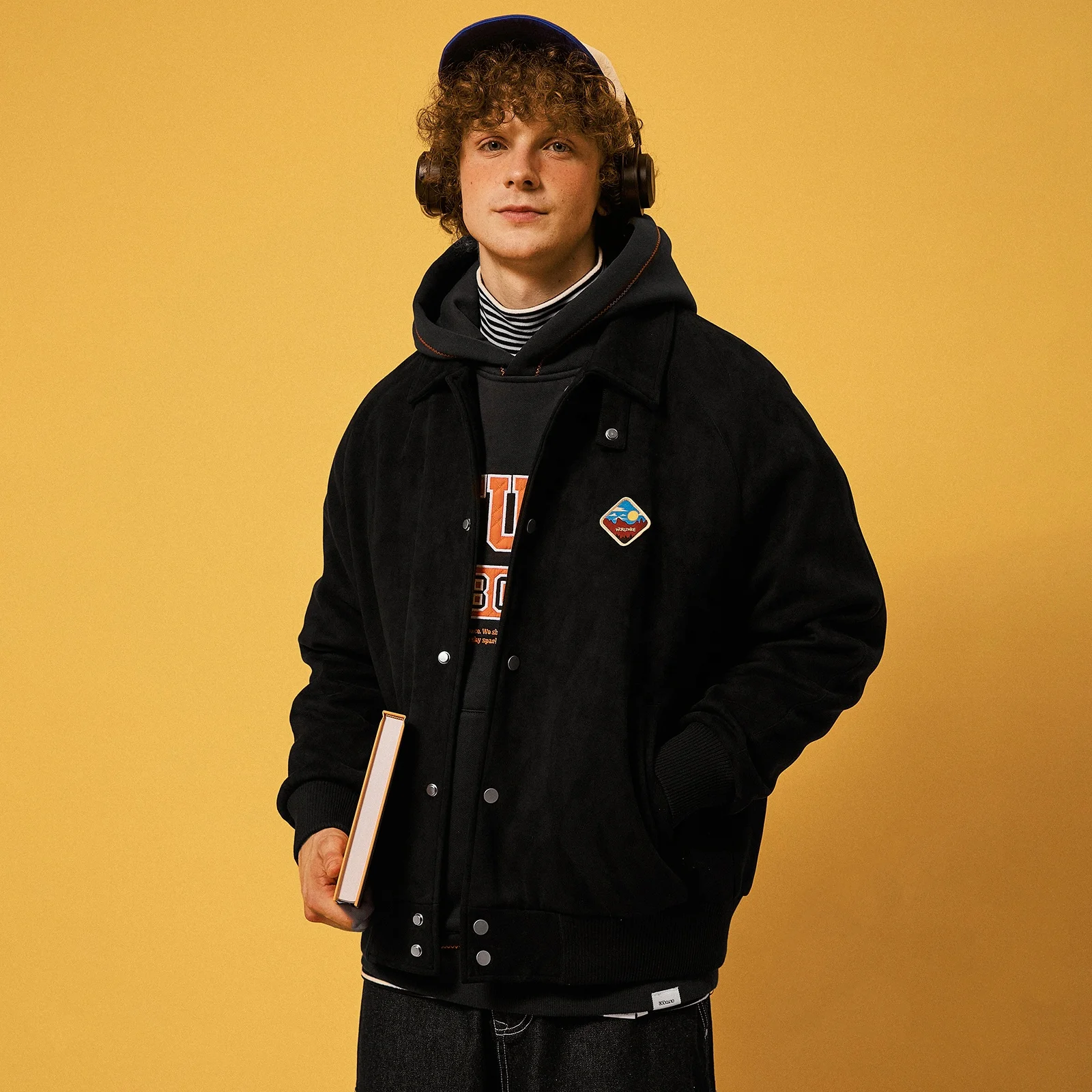 OEM Men Vintage Faux Suede Lined Jacket Turn Down Collar Streetwear Baseball Jersey Jacket