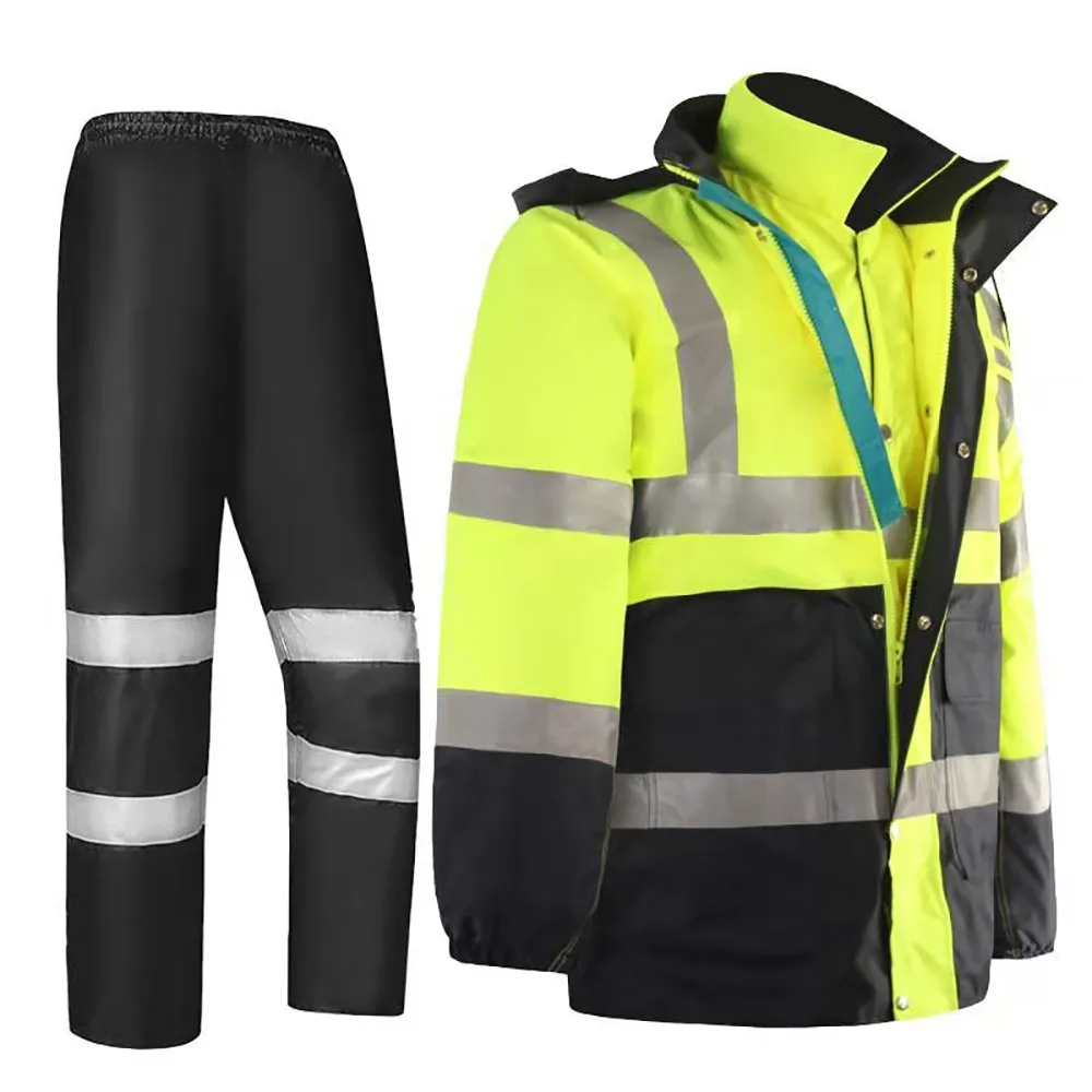 Wholesale reflective double layer food delivery oxford safety raincoat suit polyester pvc fabric rain coat set for work