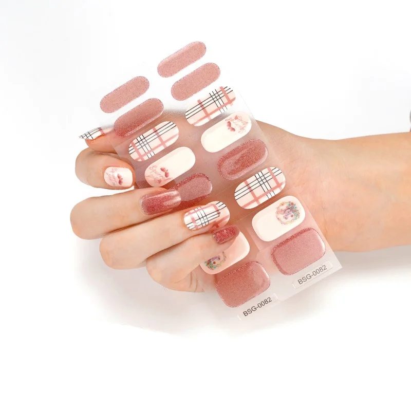 Semi Cured Gel Nail Polish Strips,Self-Adhesive Full Wraps Gel plaid Nail Art Sticker uv Gel Nail Sticker