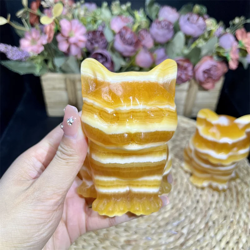 Customized Yellow Calcite Crafts Energy Crystal Calcite Cat Animals Carving for Home Decoration