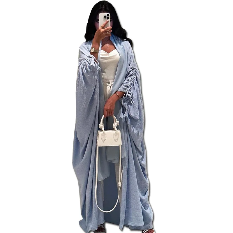 Eid Islamic Solid Fashion Simple Party Solid Drawstring Robe Open Abaya Dubai 2023 manufacturers Traditional Muslim Cardigan