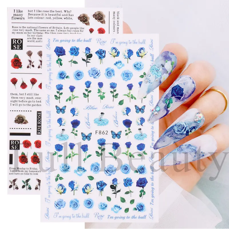 3D Red Gold Rose Nail Sticker Flower Nail Art Decorations Valentine Love Stickers Korean Cute Pink Rose Flower Decals For Girls