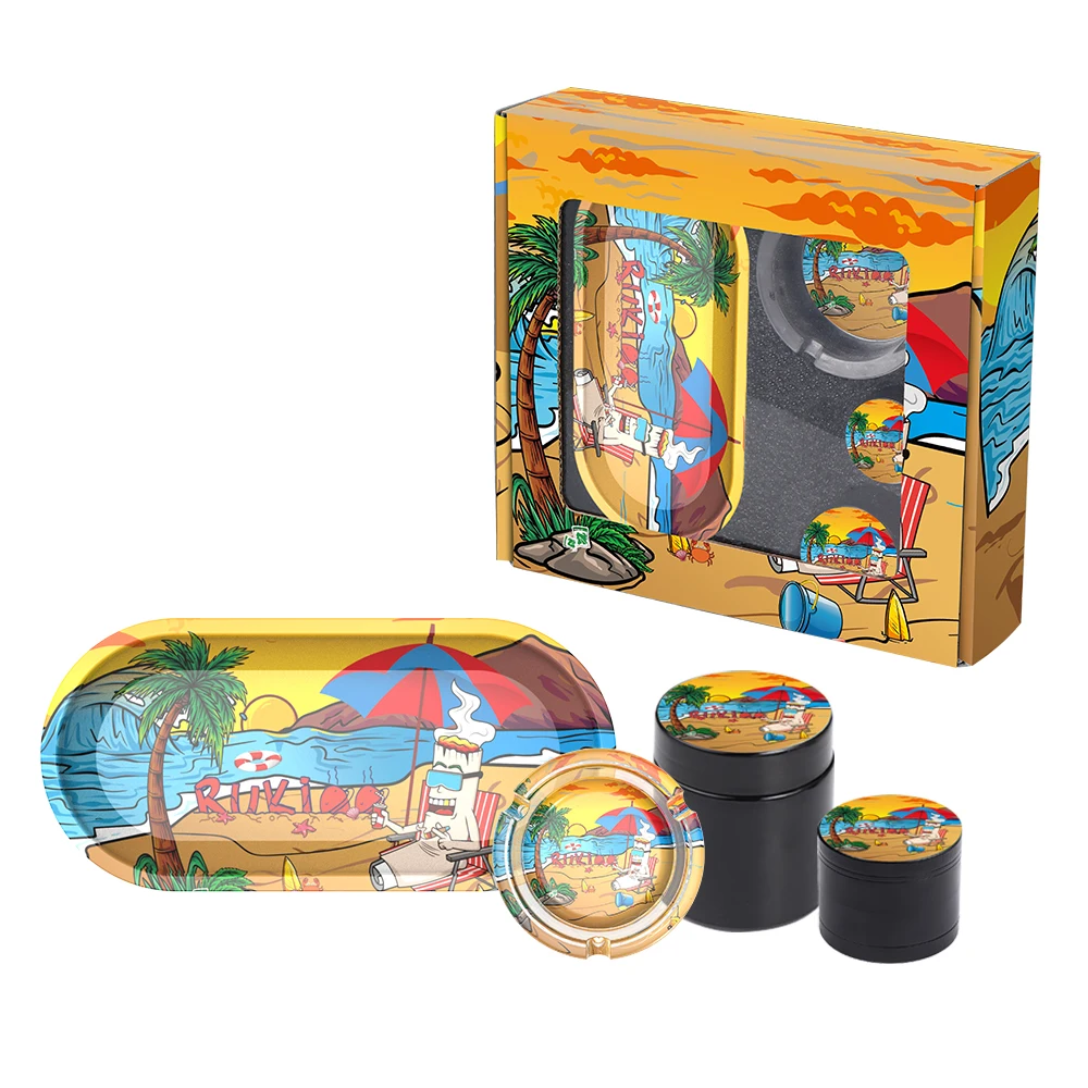 Wholesale Multifunction Custom Logo 5 pcs in 1 Smoking Kit Rolling Tray Glass Ashtray Herb Grinder Jar Smoking Set