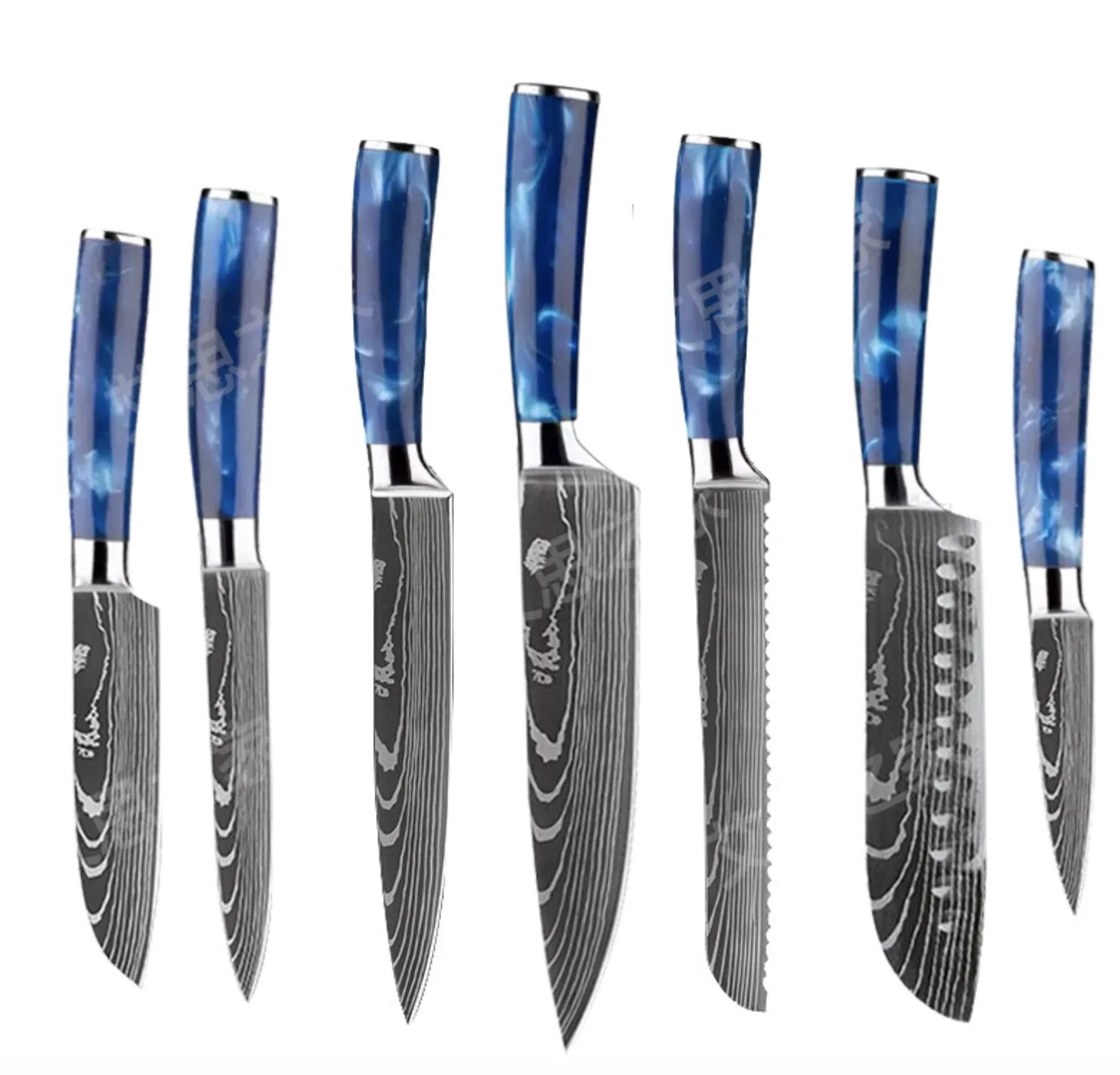 Hot sale set of kitchen knives with wave pattern and color handle