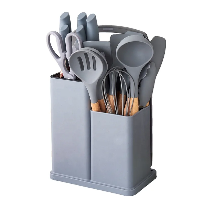 Kitchen Cooking Utensils Knife Set with Block, Holder Cutting Board Silicone Utensils 19 Piece Set