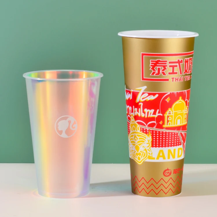 Yuehongkai Plastic Disposable Custom Printed Iml Packaging Round Boba Tea Cup Iml Drinking Containers With Lid
