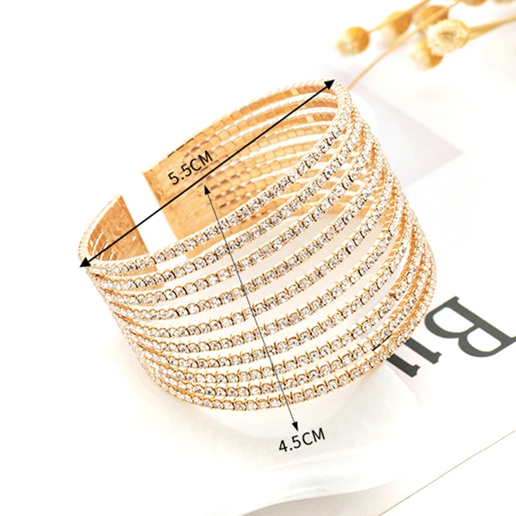 Wedding Wide multirows Crystal Bangle Stretch Crystal Rhinestone Cuff Bracelet for bodybuilding competition