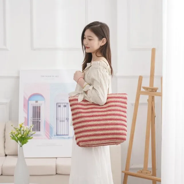 Hot Sales Crochet Handbag Women Large Summer Custom Woven Handmade Paper Straw Beach Tote Straw Bag