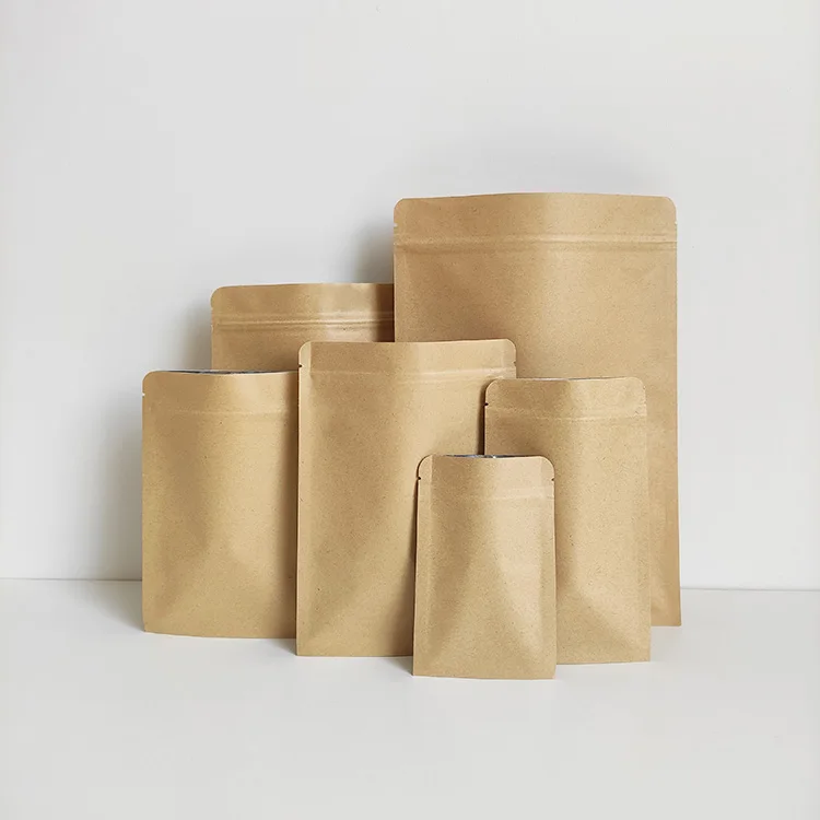 6x8cm plain small ziplock aluminum foil coated flat brown craft kraft paper bags