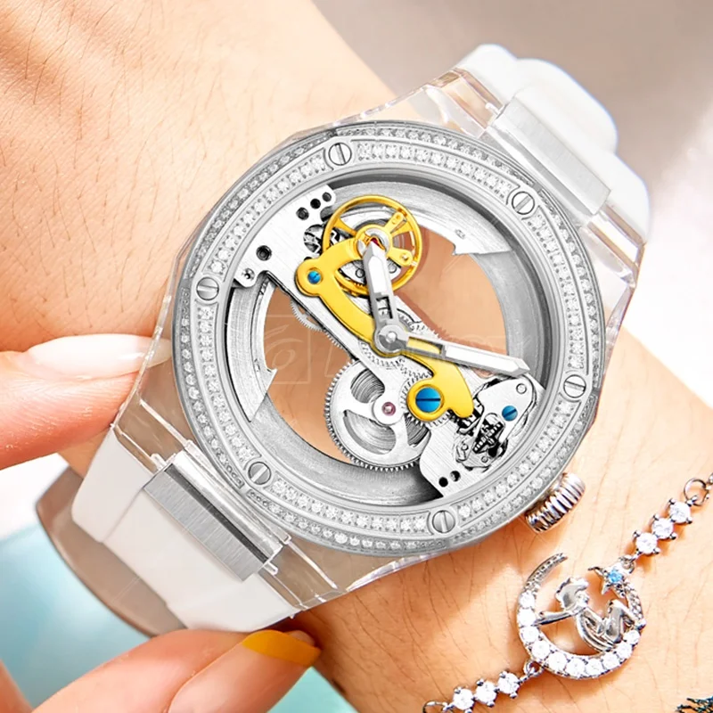 Bling Female Transparent Red Rubber Silicone Hand Square Wrist Luxury Automatic Mechanical Lady Watch Women