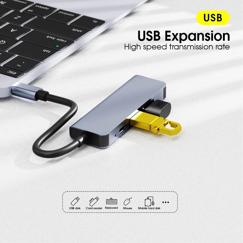 4 in 1 USB Hub Aluminum Alloy Type C to 3 USB PD Ports Hub High Speed Data Transfer USB-C hub