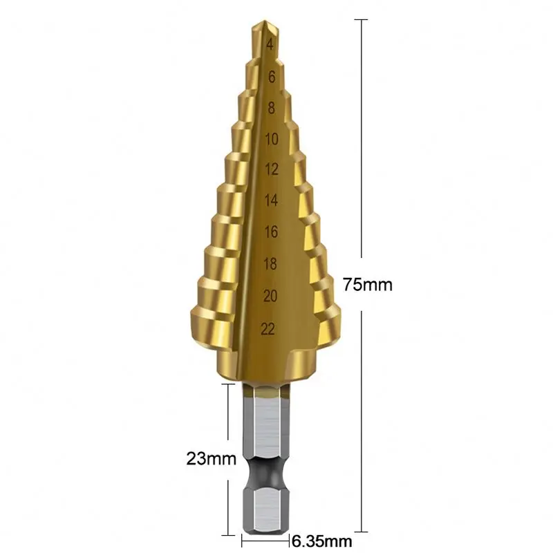 4-22mm HSS 4241 Step Drill Bit Straight Flute With Hex Shank For Wood Metal Hole Cutter