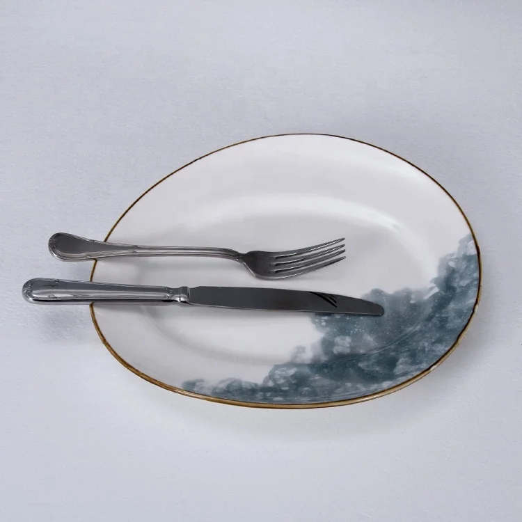 Wholesale Custom Cheap Glazed Yellow Rim Irregular Restaurant Tableware Porcelain Ceramic Plate