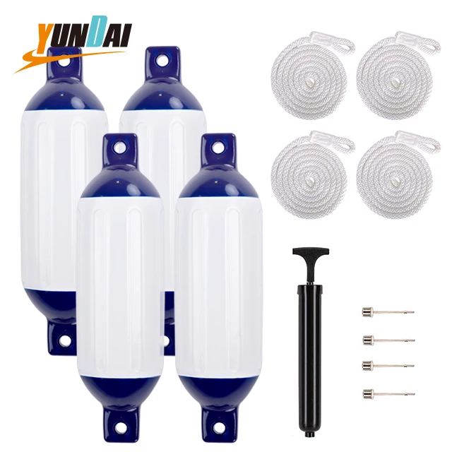 4.5x16' 520g White/Blue two-tone 4 Pack Ribbed Boat Fender PVC Floating Inflatable Yacht Buoy Fender