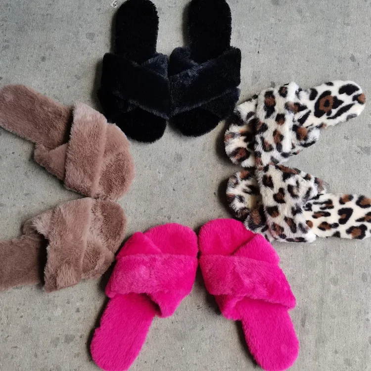 New Style Cross Flat Bottom Winter Home Fuzzy Slipper Womens Plush Fashion Fur Open Toe Slides Women Warm Faux Fur Slippers