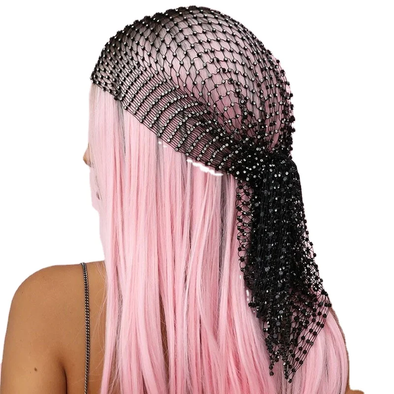 GEERDENG Luxury Bling Party Wearing Hollowed Out Rhinestones Knitted Tassel Hat Women Crystal Headwear Bridal Hair Accessories