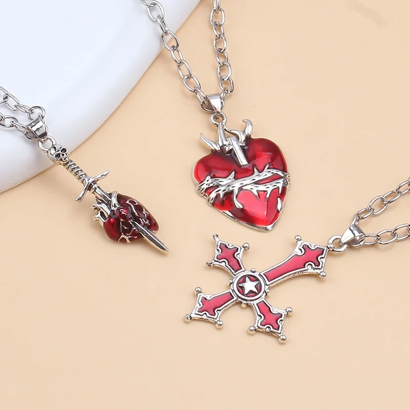 Halloween Punk Hip-hop Trend Inverted Cross Pendant Necklace Gothic Demon Horn Heart Skull Sword Necklaces Jewelry