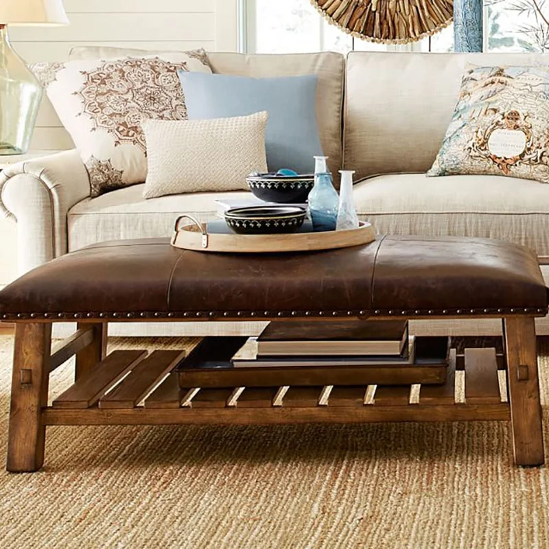 American Design Solid Oak Wood Frame Leather Top Rectangle Modern Coffee Table