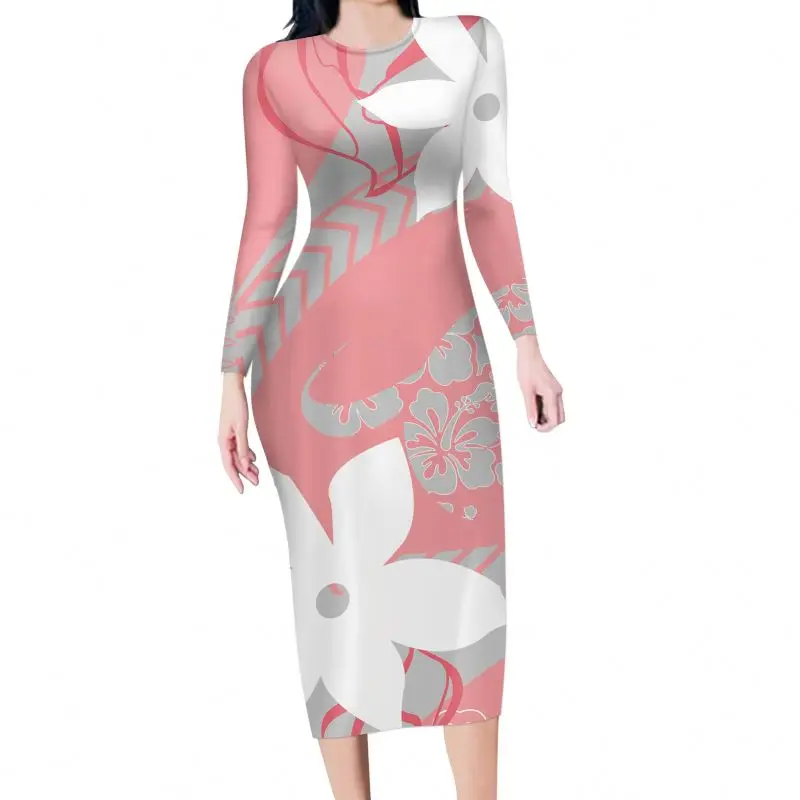 2021 Custom Hawaiian Lily Flower Hibiscus Purple Pattern Sexy Dress Women Long Sleeve O Neck Knee-length Elegant Summer Casual