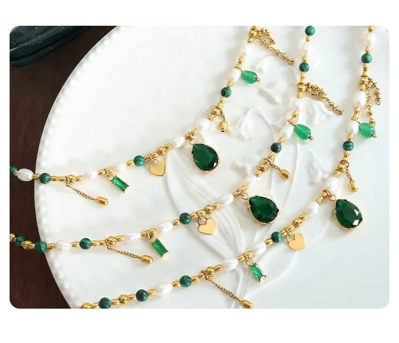 AIZL Peace Energy Jewelry Fresh Water Pearl Green Zircon Malachite Real Gold Plated Stainless Steel  Pearl Choker Necklace