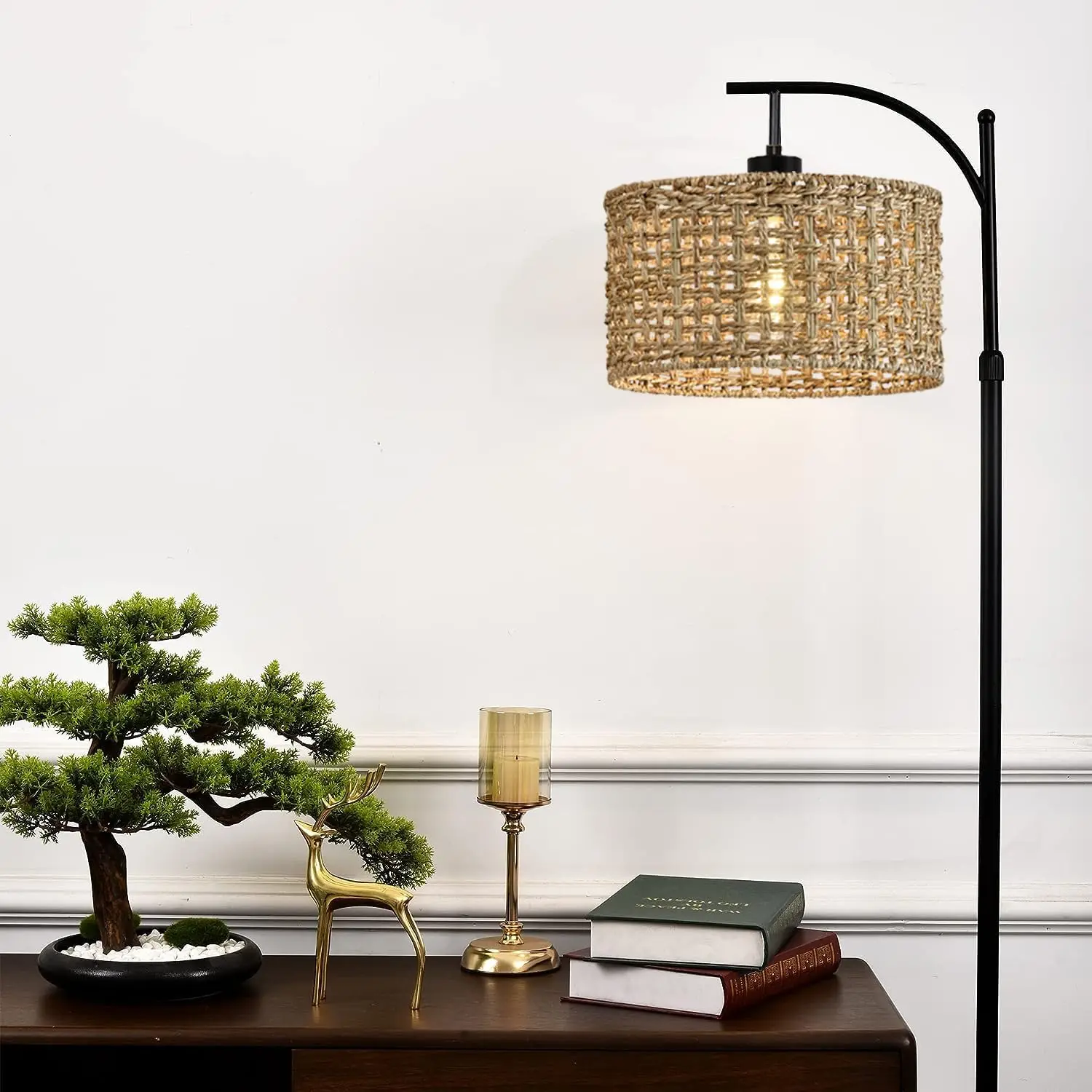 Boho Rattan Arc Standing Lamp With Remote Adjustable Industrial Floor Lamps Bohemian Decor for Living Room