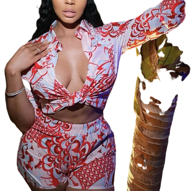 Trending Women Casual Vintage Floral Printing 3 Piece Matching Sets Long Sleeve Blouse Top Short Set With Scarf Two Piece Set