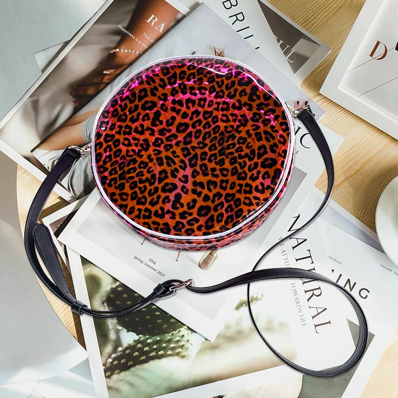 2024 new style Round pink leopard print fashion lady shoulder bag clear pvc toiletry bag pvc waterproof cosmetic bag