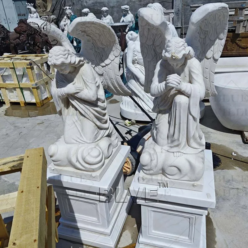 BLVE Custom Outdoor Cemetery White Natural Stone Marble Kneeling Angel Statue Tombstone Monument Gravestone