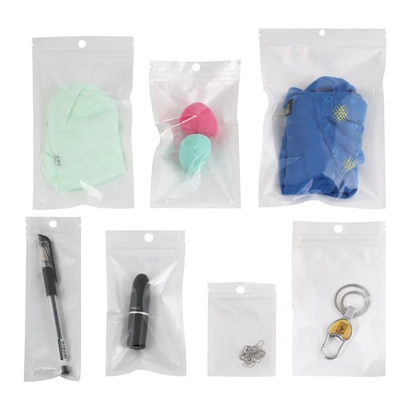 White Transparent Pearl Resealable Zip Lock Flat Mylar Plastic Packaging Zipper Bag With Hang Hole